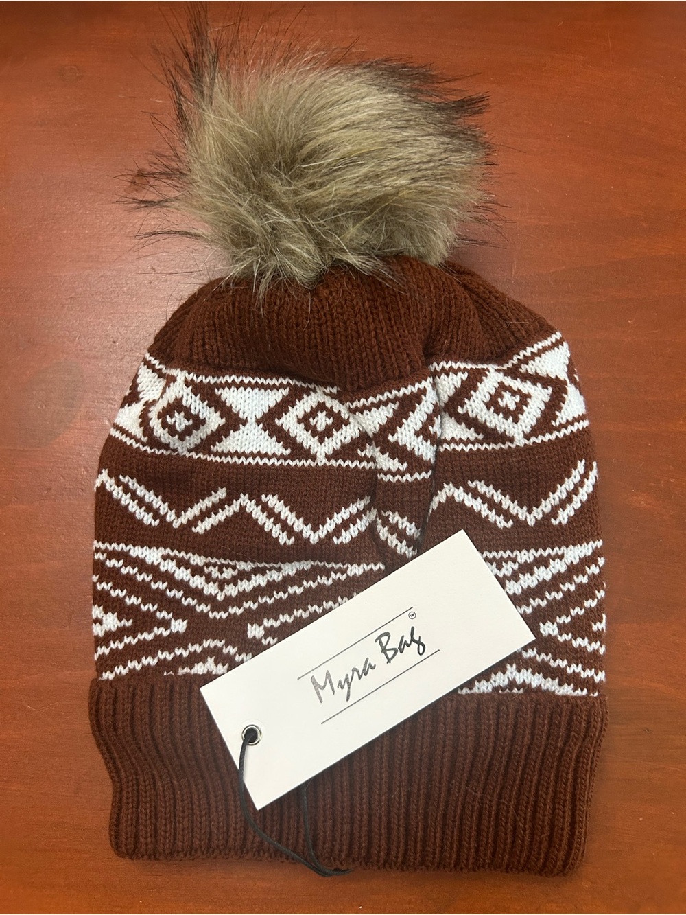 Women’s Brown Knit Patterned Pom Pom Beanie